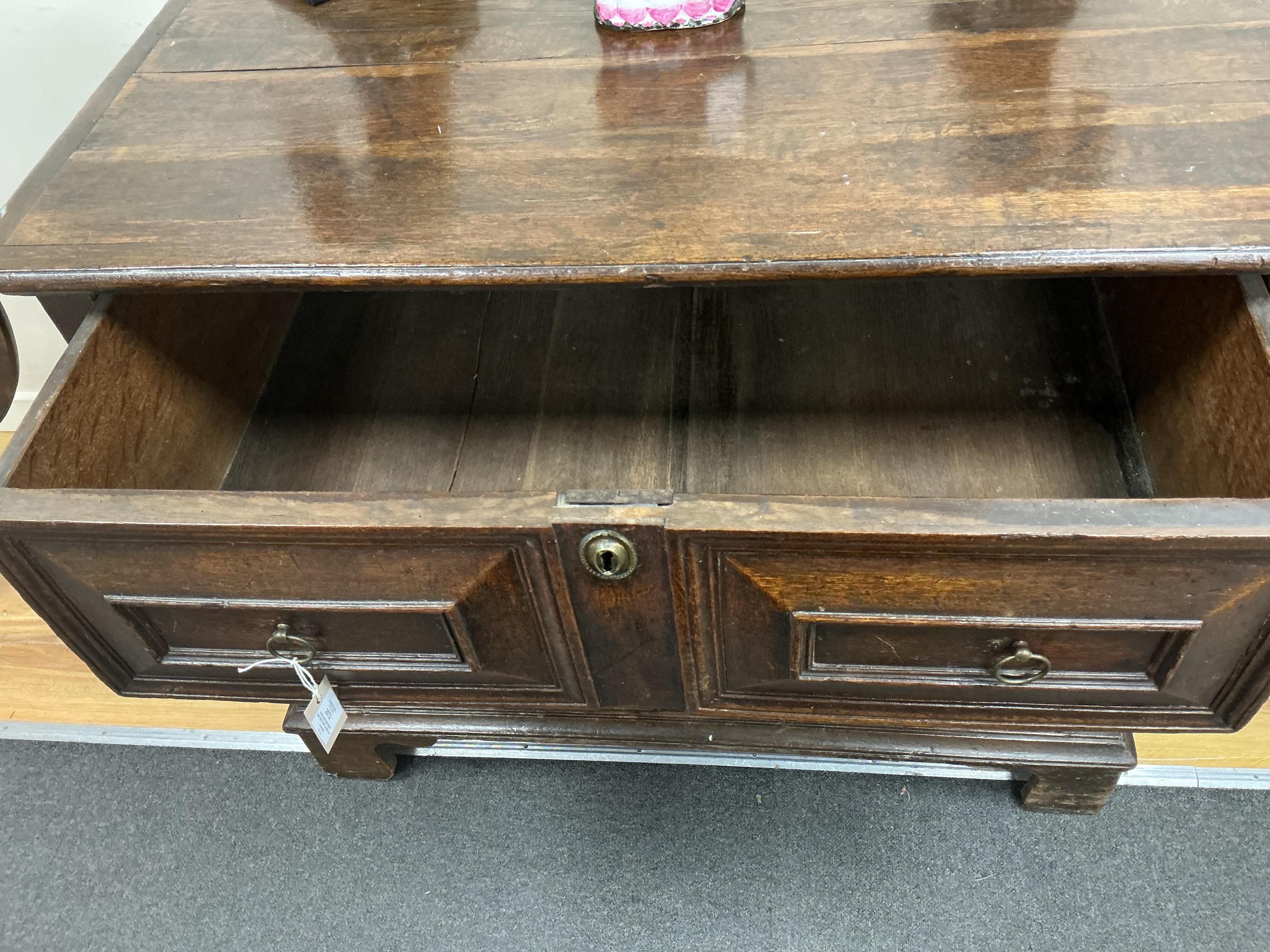 A William and Mary oak two part chest, width 108cm, depth 69cm, height 93cm.